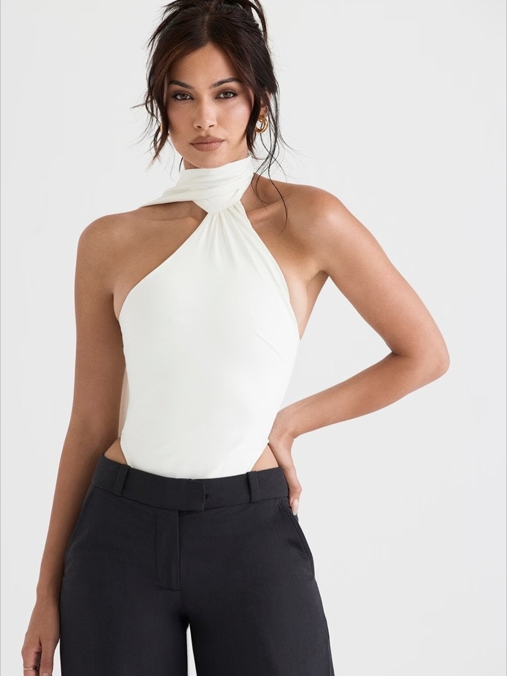 House of CB Farrah Ivory Satin Wrap Neck Bodysuit - Size S
